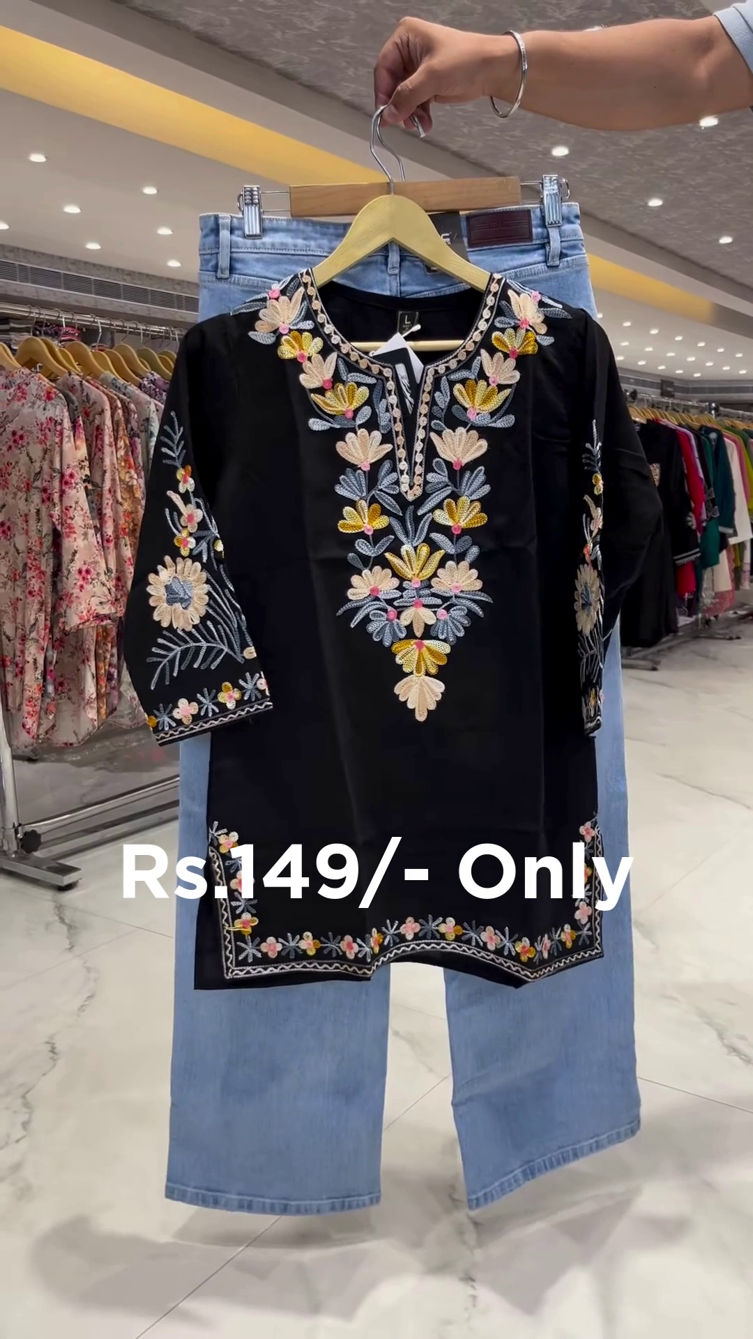 Trendy Embroidered Kurti with Denim