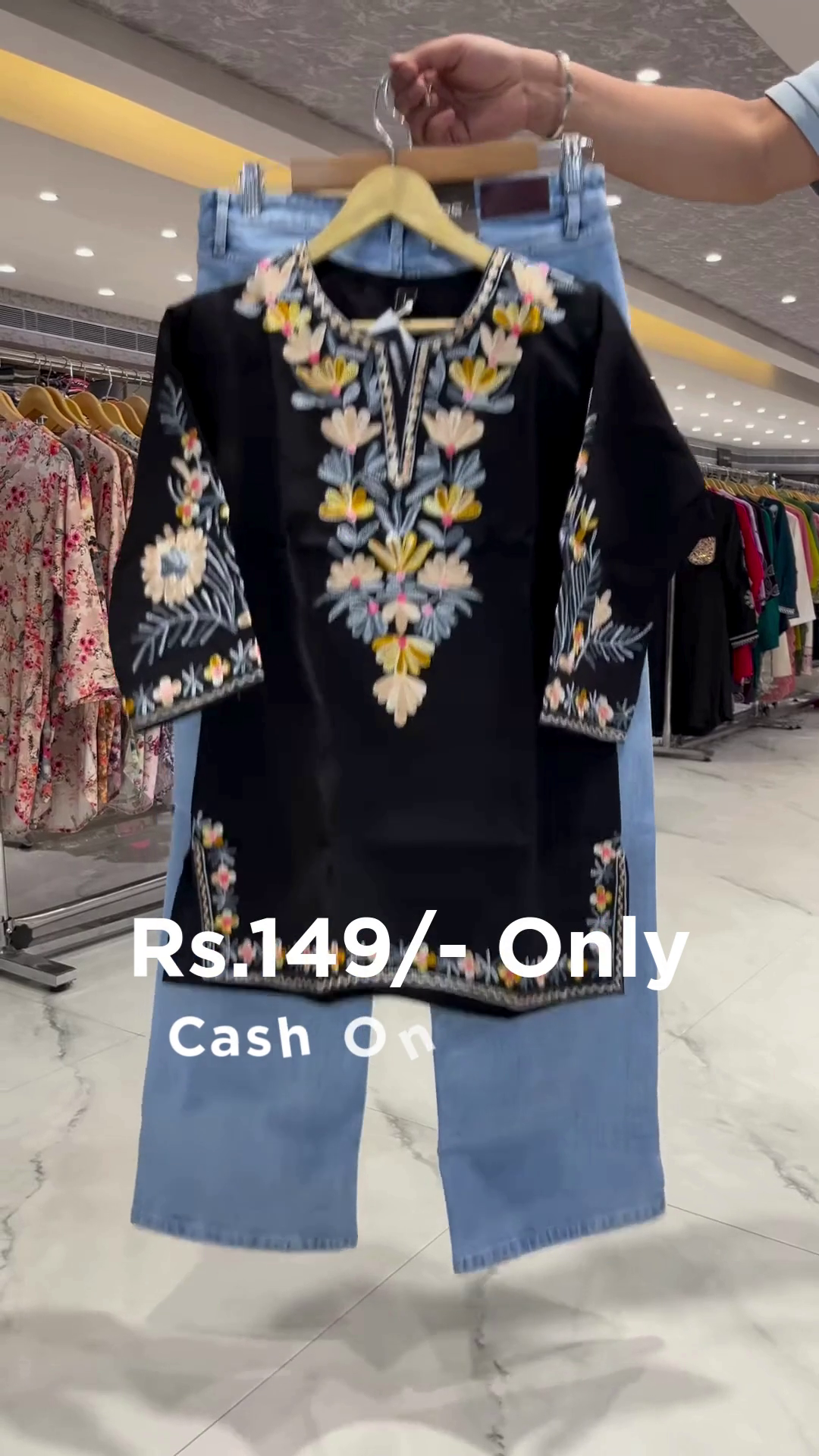 Trendy Embroidered Kurti with Denim - Image 5