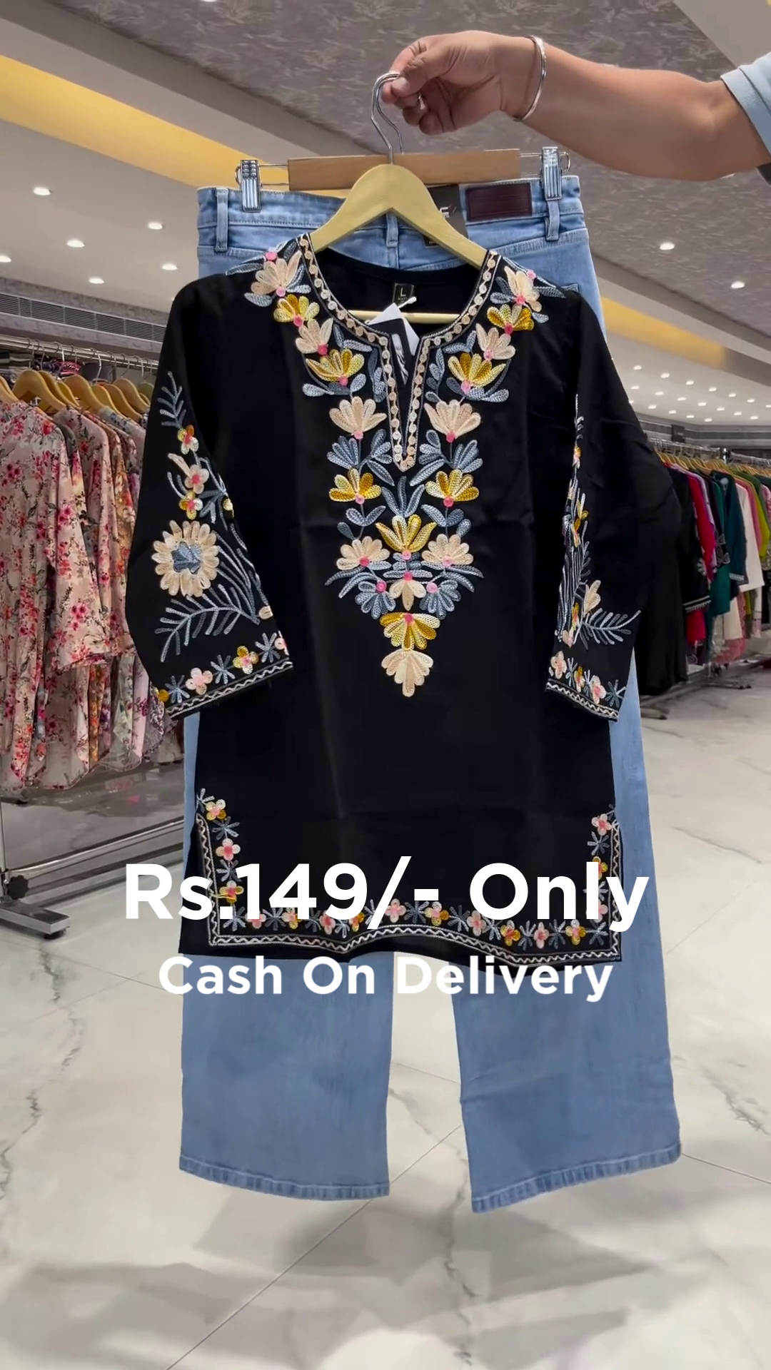 Trendy Embroidered Kurti with Denim - Image 4