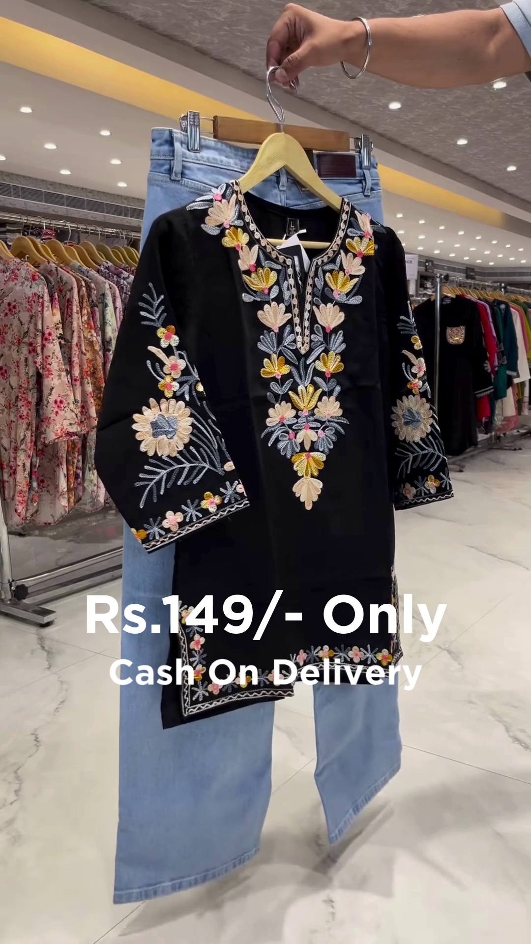 Trendy Embroidered Kurti with Denim - Image 7