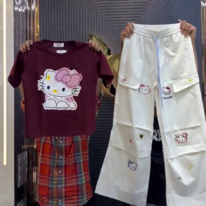 Cute Cartoon Charm Graphic Tee & Multi-Pocket Wide Leg Cargo Pants Combo Set 🌸✨🩷