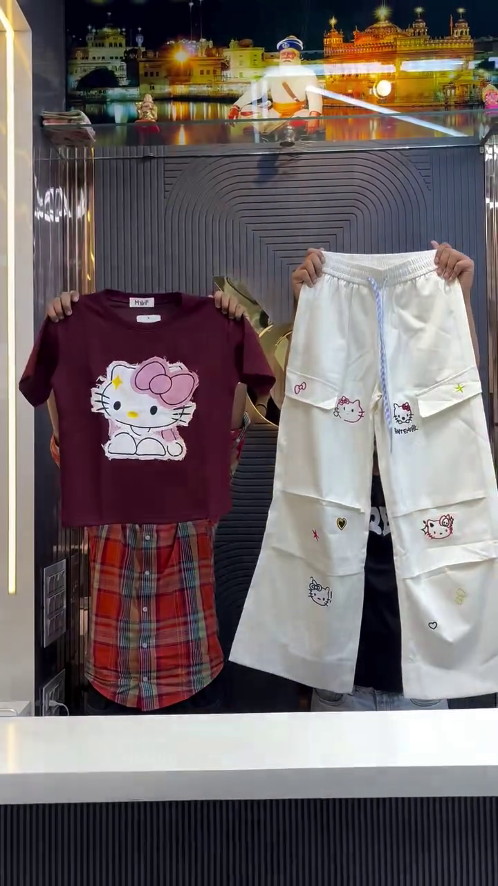 Cute Cartoon Charm Graphic Tee & Multi-Pocket Wide Leg Cargo Pants Combo Set πΈβ¨π©·