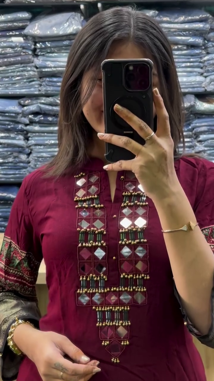Elegant Wine Embroidered Traditional Kurta Palazzo Set π·β¨πΈ - Image 3