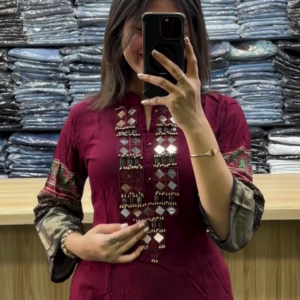 Mirror Embroidered Kurti with Patterned Sleeve Borders