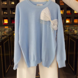 Elegant Sky Blue Soft Knit Bow Detail Sweater & Classic White Straight Fit Pants Co-Ord Set ✨🩵🤍
